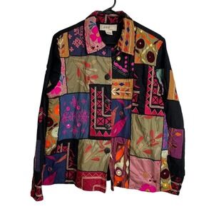 Anu by Natural Floral Jacket Large Womens Black Pink Embroidered Boho Patchwork